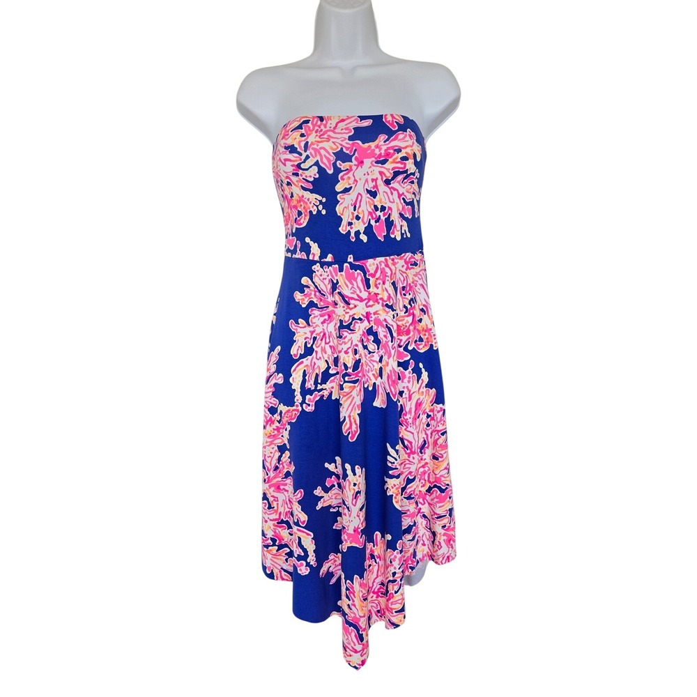 Lilly Pulitzer Loleta Dress Size XS Blue Pink Coral Reef Strapless Resort Preppy - Picture 2 of 10